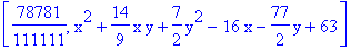 [78781/111111, x^2+14/9*x*y+7/2*y^2-16*x-77/2*y+63]